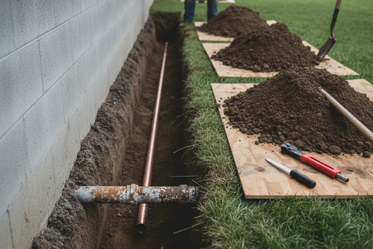 Excavated water line trench during Sewer Line Repair in Waxhaw